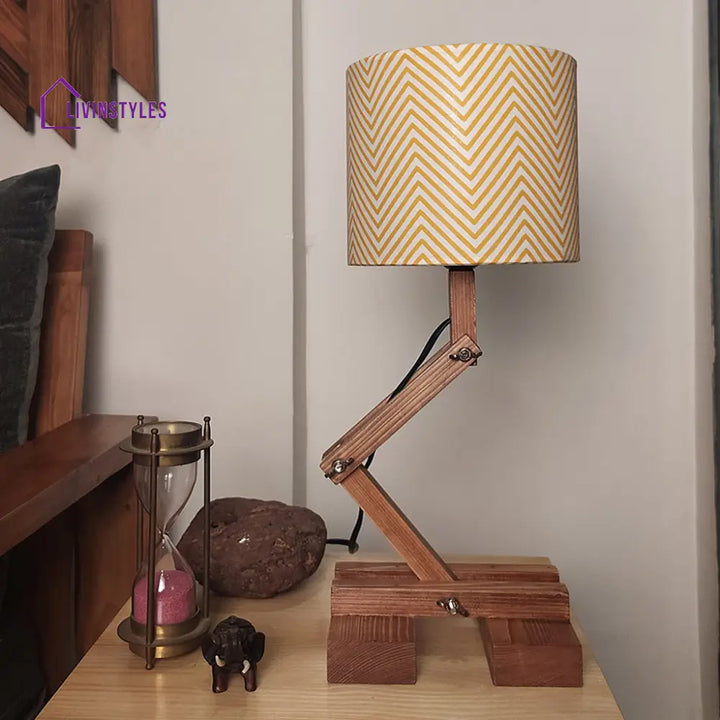 Flex Brown Wooden Table Lamp With Yellow Printed Fabric Lampshade Lamps