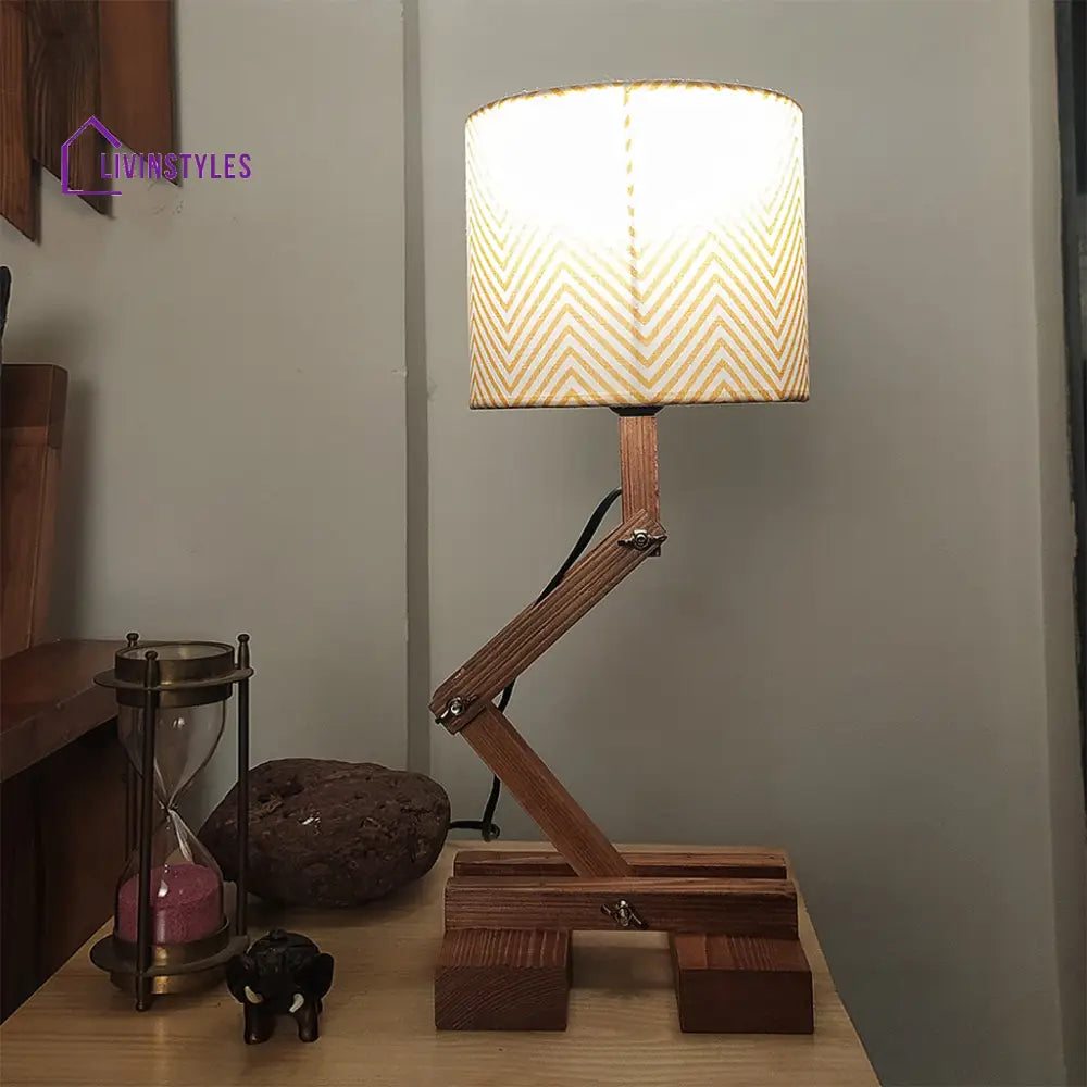 Flex Brown Wooden Table Lamp With Yellow Printed Fabric Lampshade Lamps