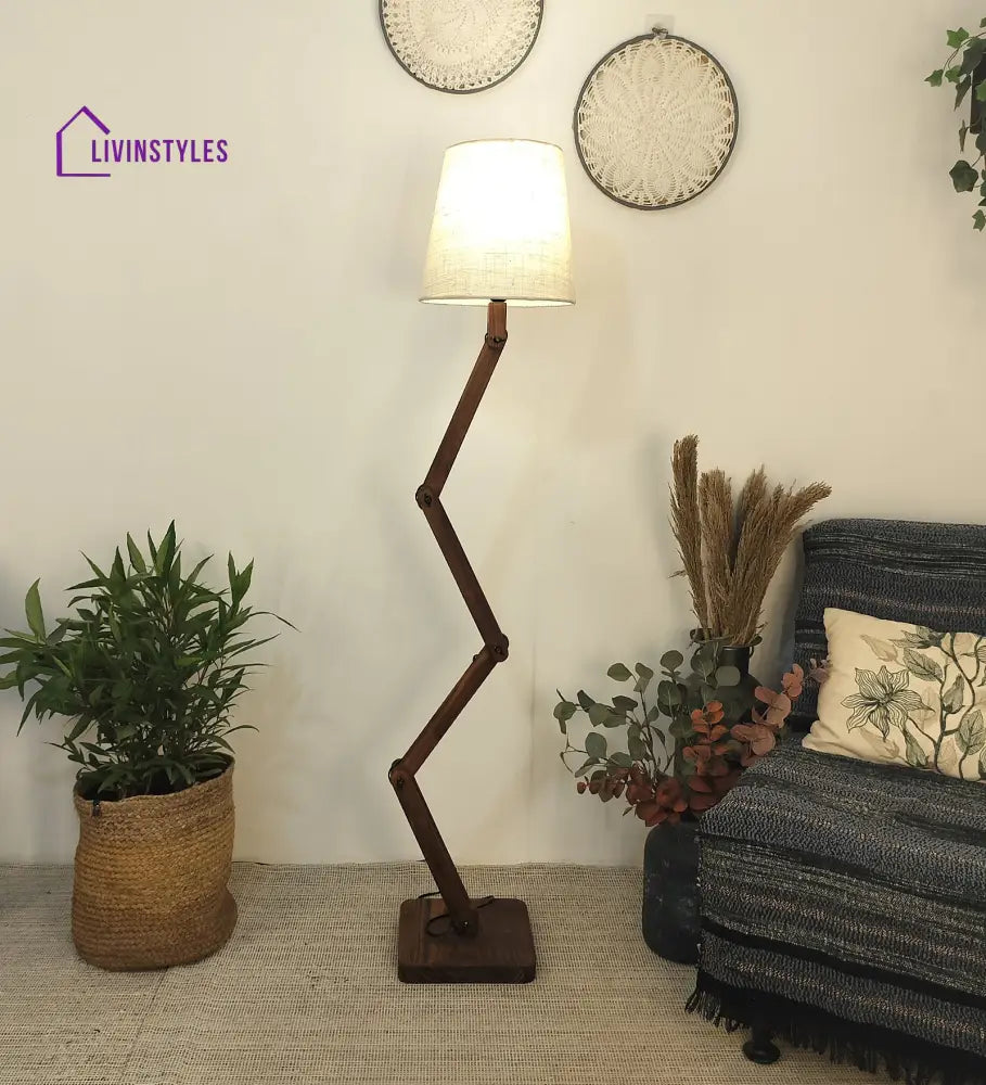 Flex Wooden Floor Lamp With Brown Base And Beige Fabric Lampshade Lamps