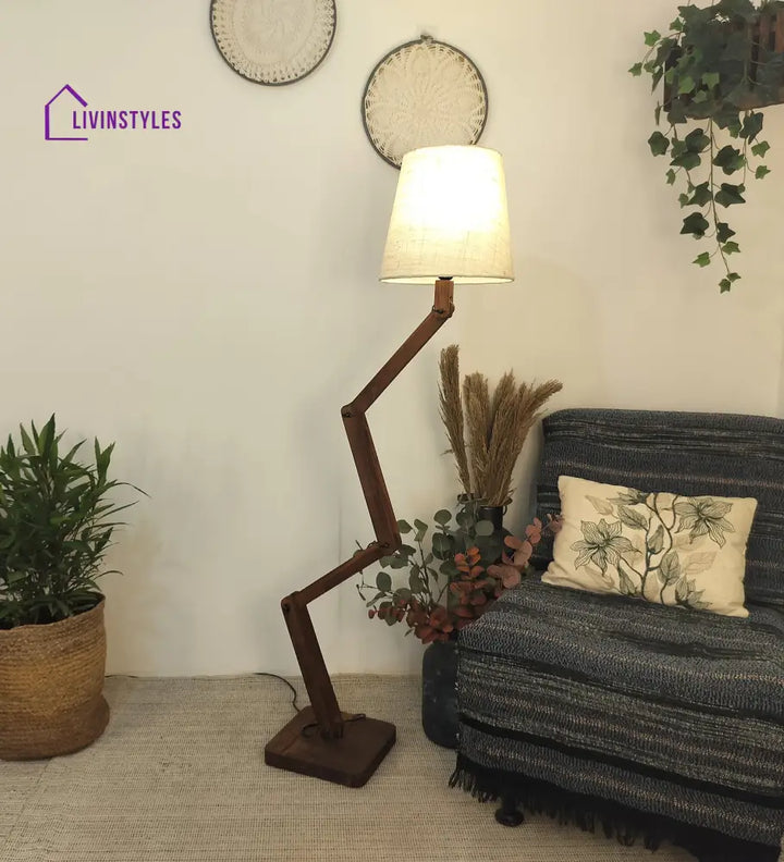 Flex Wooden Floor Lamp With Brown Base And Beige Fabric Lampshade Lamps