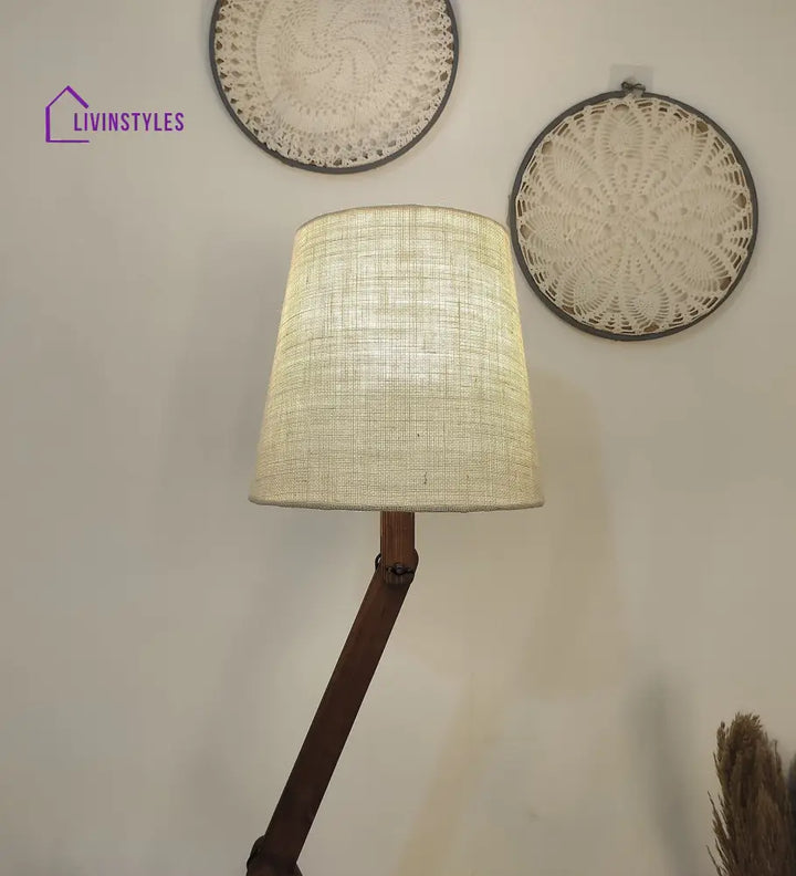 Flex Wooden Floor Lamp With Brown Base And Beige Fabric Lampshade Lamps