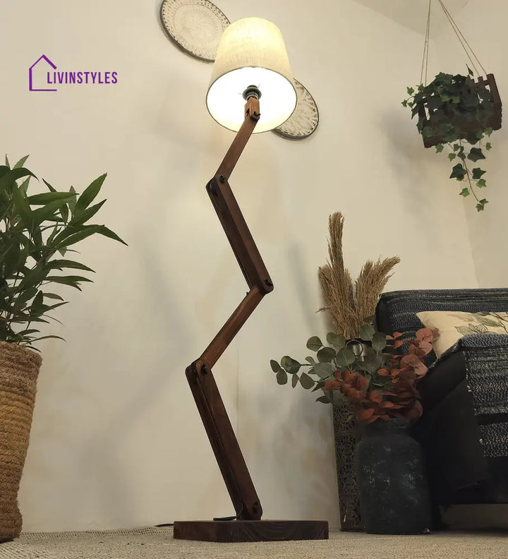 Flex Wooden Floor Lamp With Brown Base And Beige Fabric Lampshade Lamps