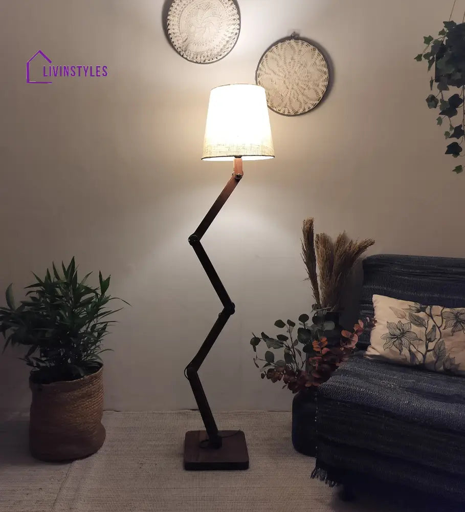 Flex Wooden Floor Lamp With Brown Base And Beige Fabric Lampshade Lamps