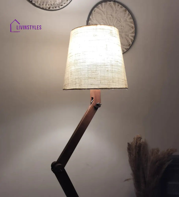 Flex Wooden Floor Lamp With Brown Base And Beige Fabric Lampshade Lamps