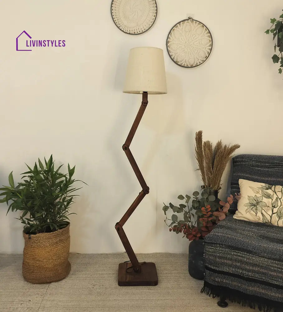 Flex Wooden Floor Lamp With Brown Base And Beige Fabric Lampshade Lamps