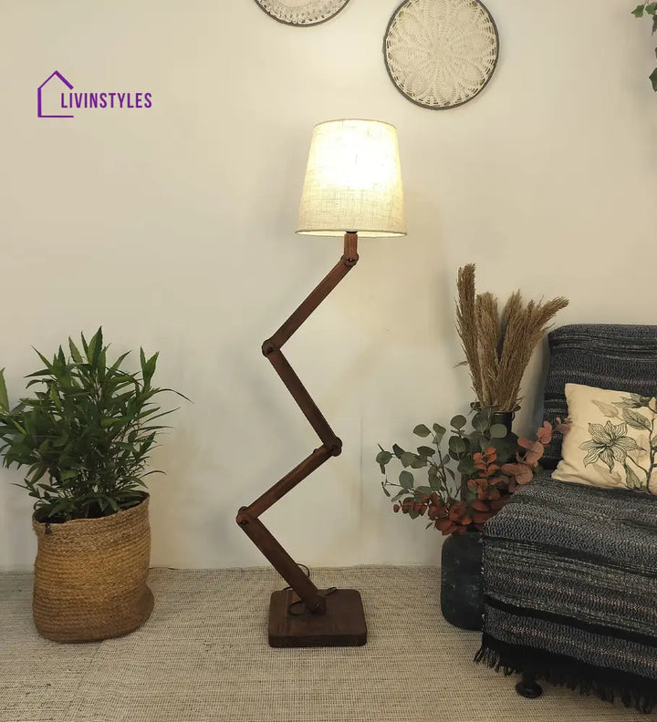 Flex Wooden Floor Lamp With Brown Base And Beige Fabric Lampshade Lamps