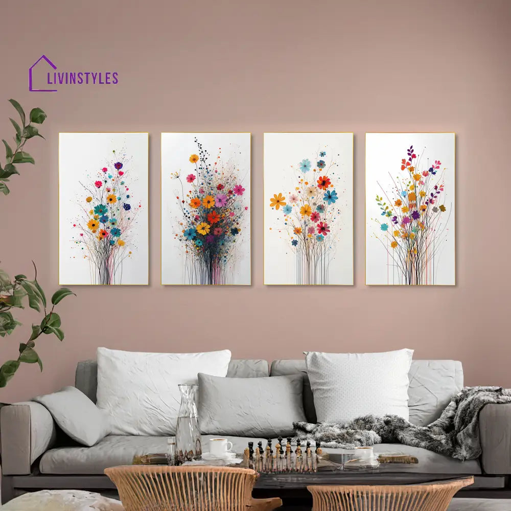 Floral Elegance: Set Of 4 Canvas Wall Painting