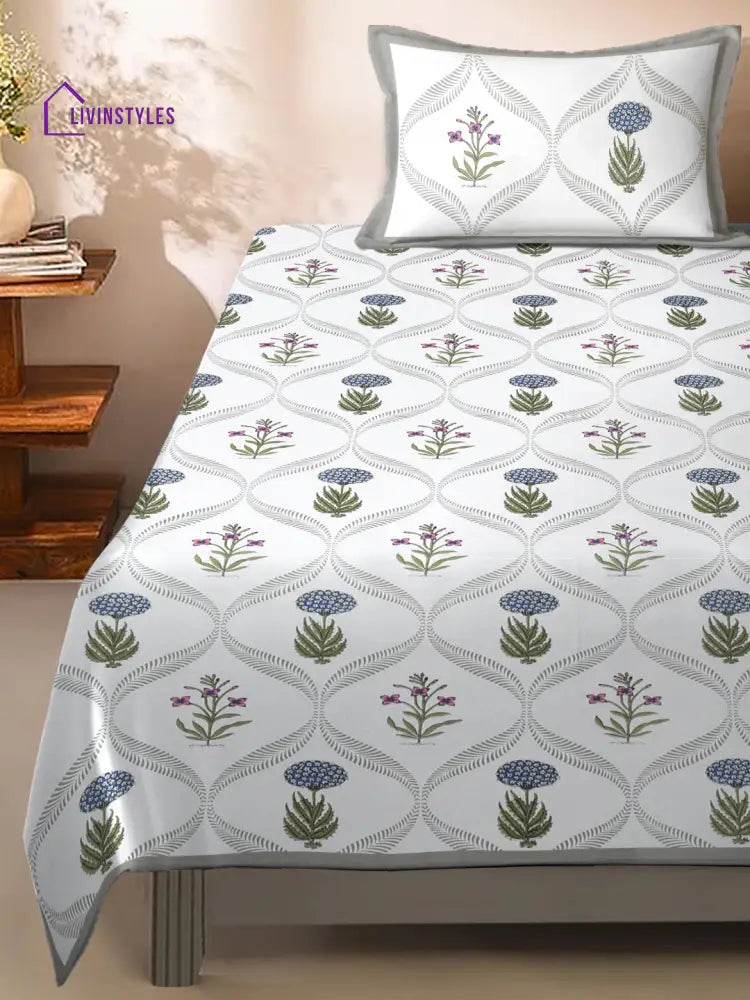 Floral Print Cotton Single Bed Sheet With 1 Pillow Covers