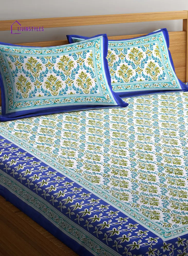 Floral Print Green And Blue Color Cotton Double Bedsheet With 2 Pillow Coverss