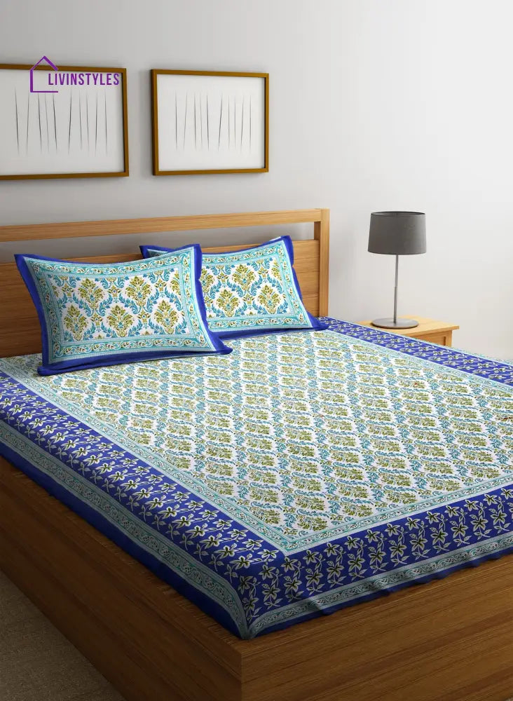 Floral Print Green And Blue Color Cotton Double Bedsheet With 2 Pillow Coverss