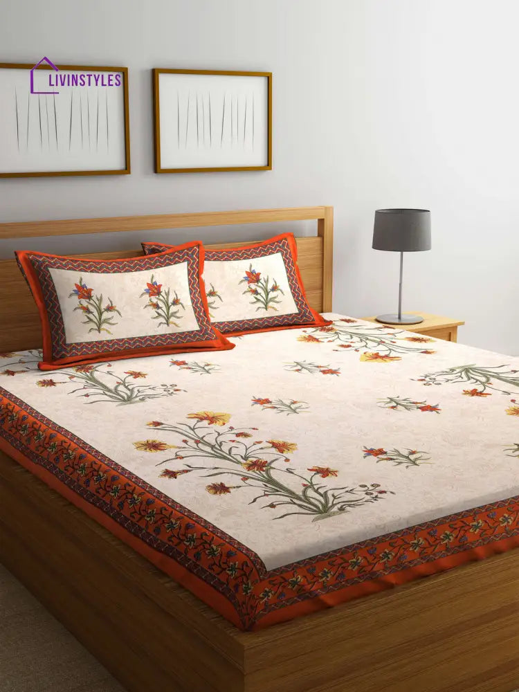 Floral Print Jaipuri Double Bedsheet With 2 Pillow Covers - Cream Color