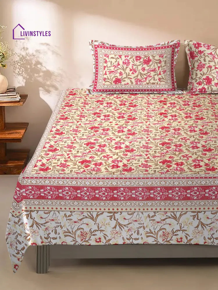 Floral Print Pink Color Cotton Double Bed Sheet With 2 Pillow Covers Sheet