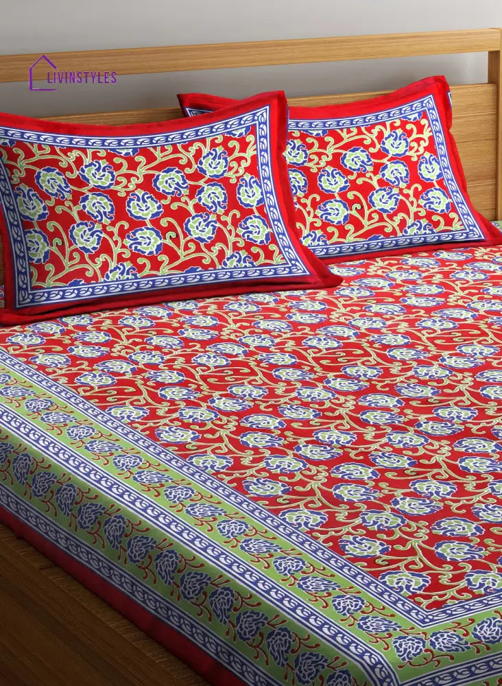 Floral Print Red Cotton Double Bedsheet With 2 Pillow Covers