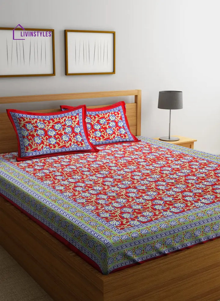 Floral Print Red Cotton Double Bedsheet With 2 Pillow Covers