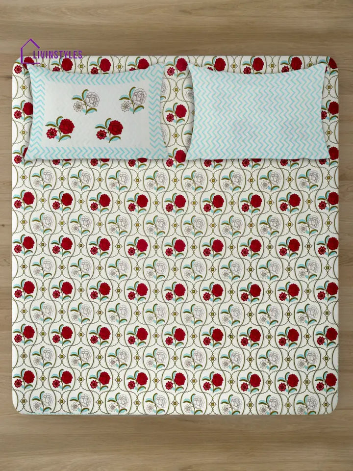 Floral Print Red Flower Cotton King Size Bed Sheet With 2 Pillow Covers