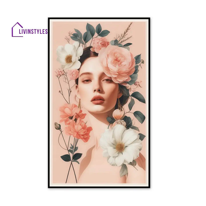 Floral Serenity: Woman In Portrait Canvas Wall Painting 24 X 36 Inch / Black Floating Frame