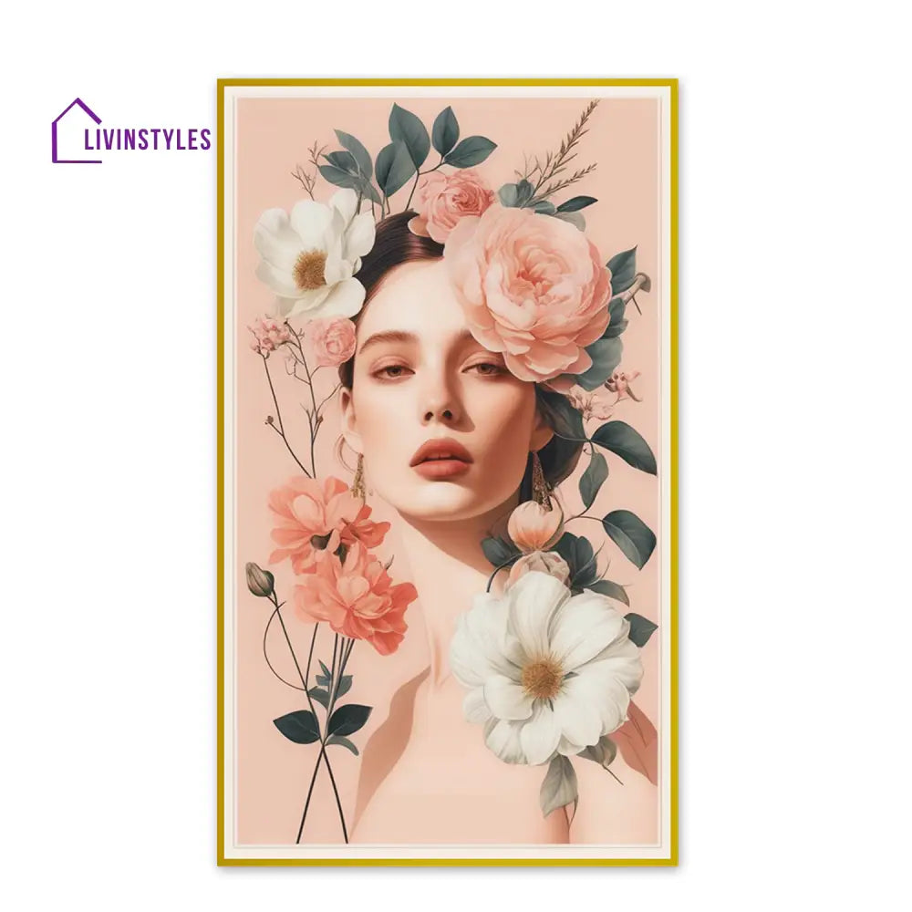 Floral Serenity: Woman In Portrait Canvas Wall Painting 24 X 36 Inch / Gold Floating Frame