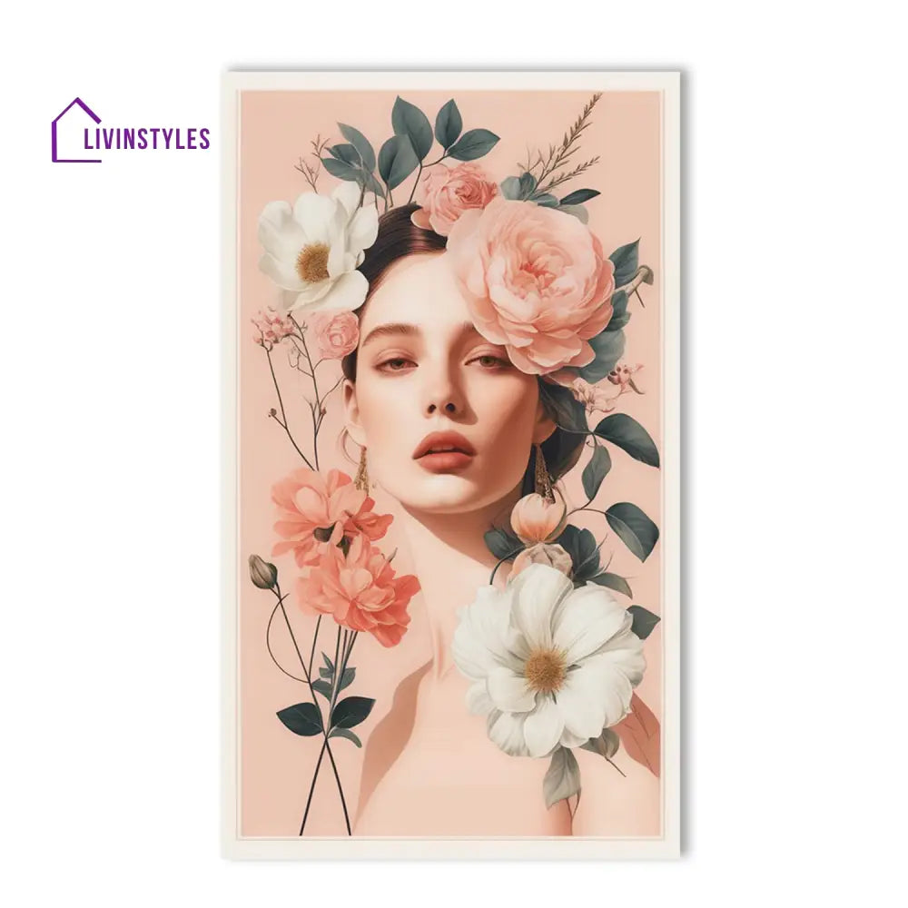 Floral Serenity: Woman In Portrait Canvas Wall Painting 24 X 36 Inch / Stretch