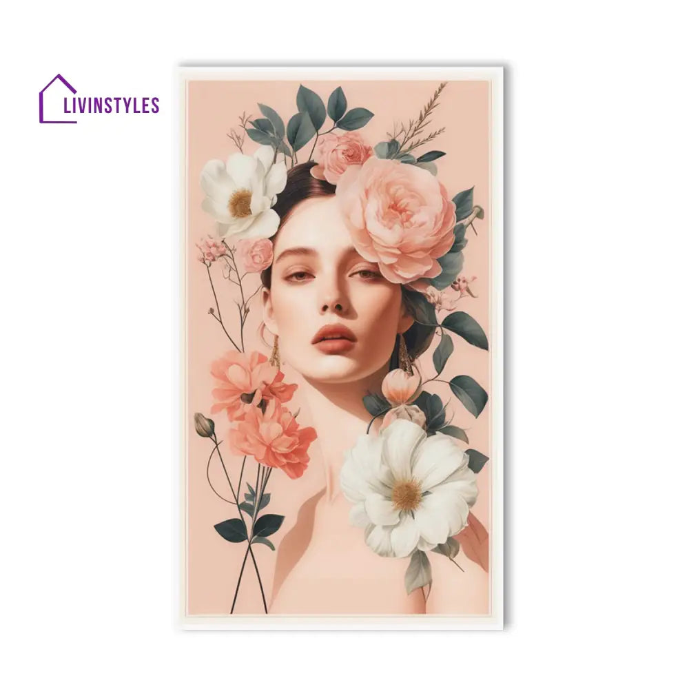 Floral Serenity: Woman In Portrait Canvas Wall Painting 24 X 36 Inch / White Floating Frame