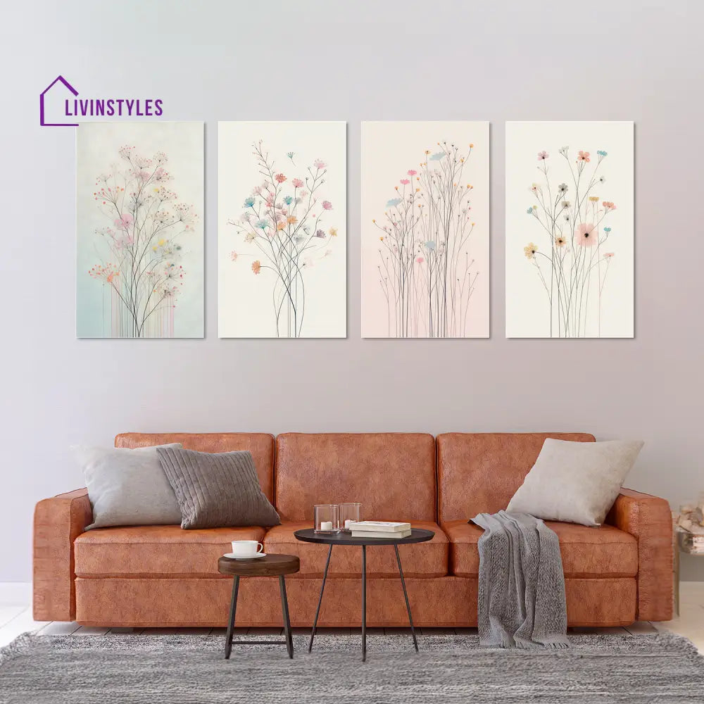 Floral Symphony: Set Of 4 Canvas Wall Painting