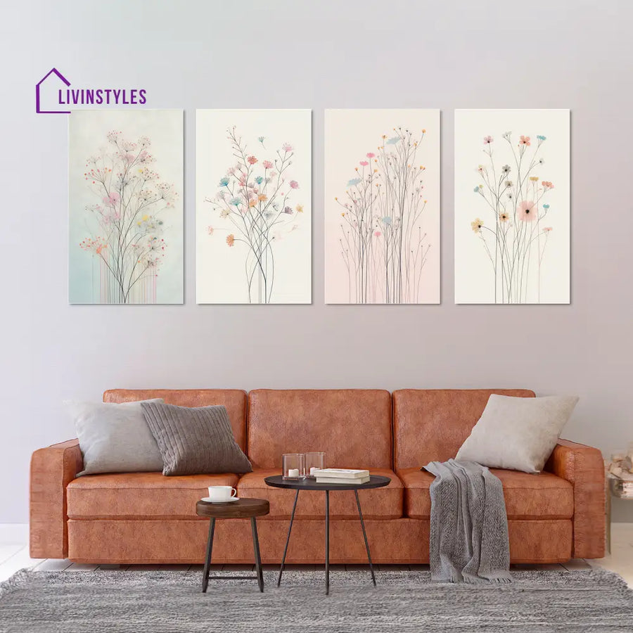 Floral Symphony: Set Of 4 Canvas Wall Painting