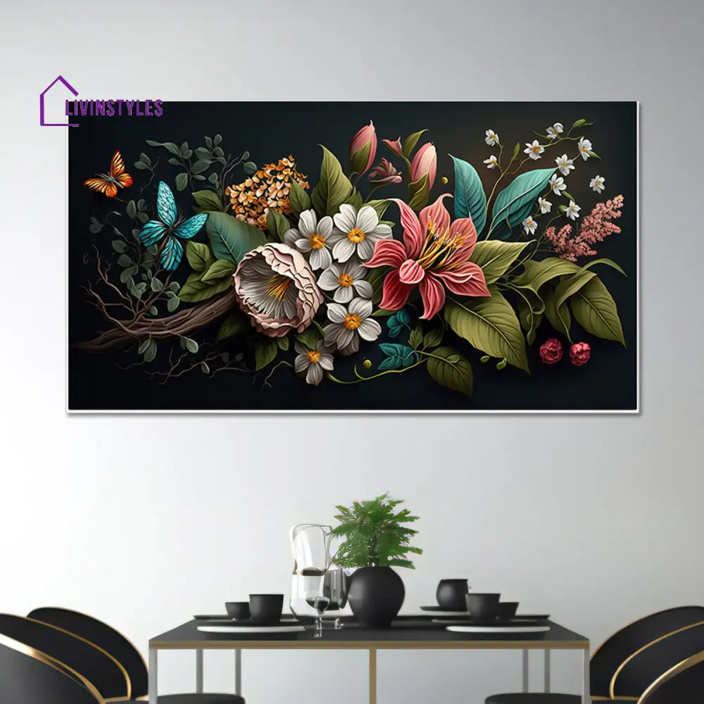 Floral Symphony With Fluttering Butterflies Wall Painting