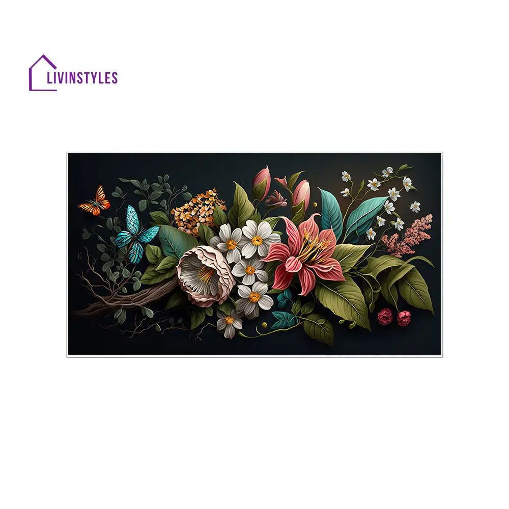 Floral Symphony With Fluttering Butterflies Wall Painting