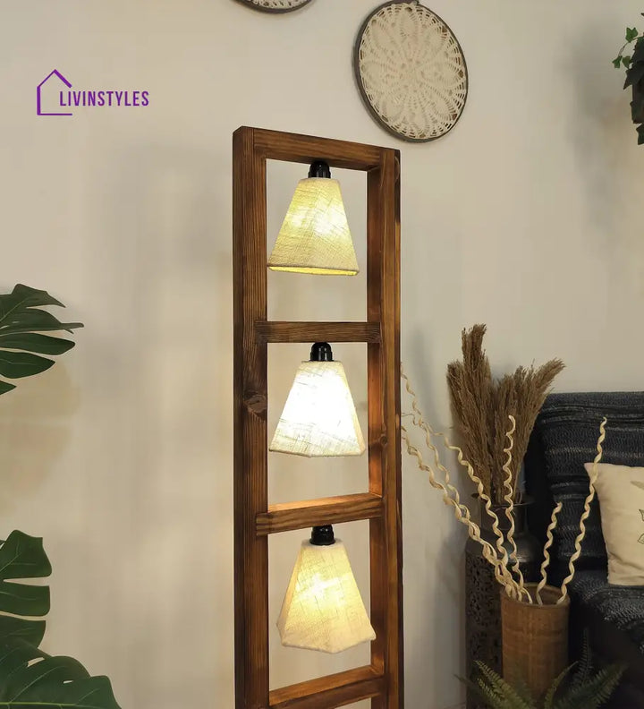 Florent Wooden Floor Lamp With Brown Base And Jute Fabric Lampshade Lamps