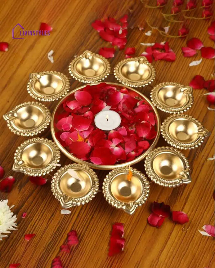 Flower Shape Metal Urli Diya Bowl For Home | Set Of 3