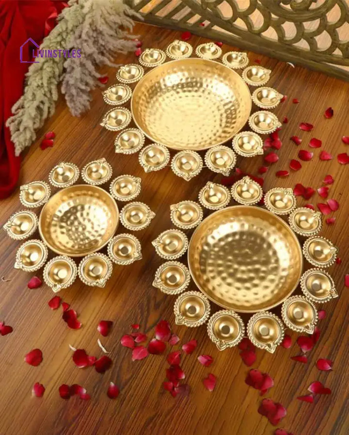 Flower Shape Metal Urli Diya Bowl For Home | Set Of 3