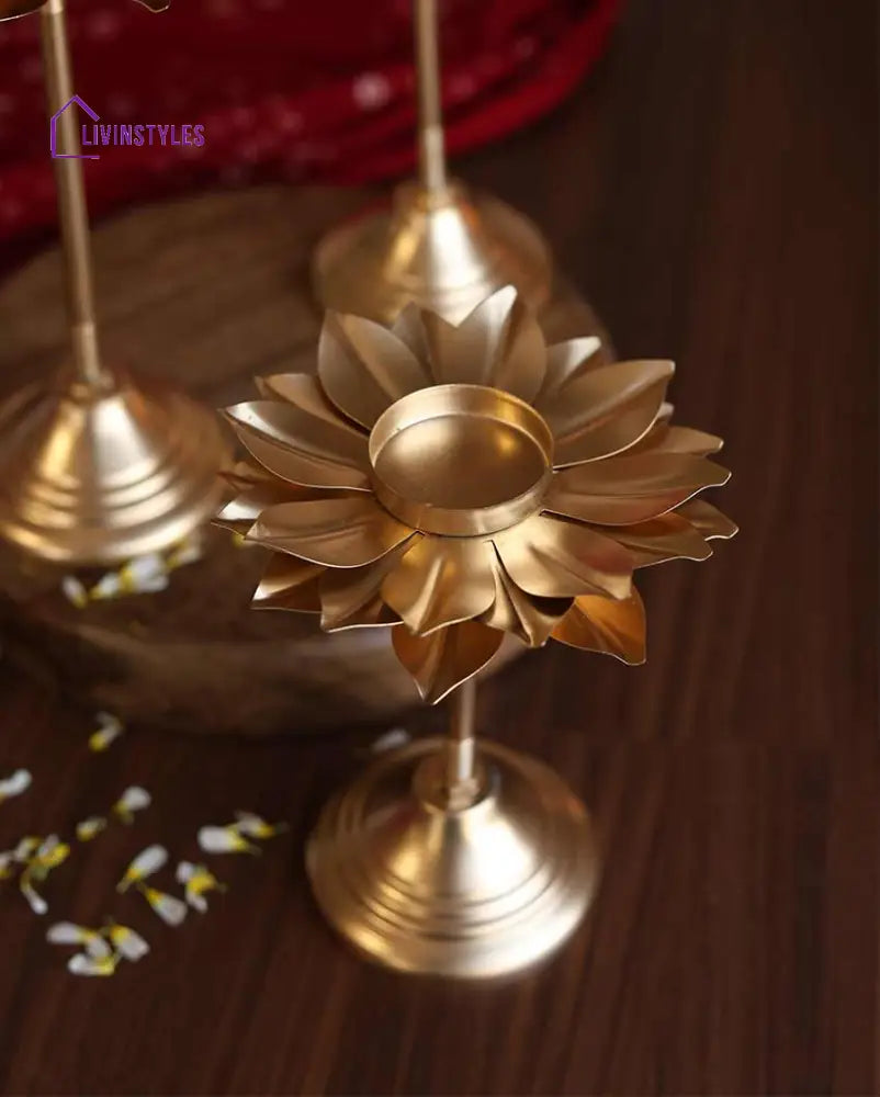 Flowering Gold Tall Stand Tealight Holders | Set Of 3 Tea Light