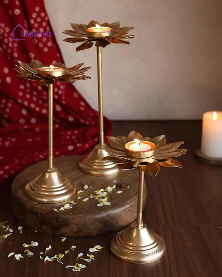 Flowering Gold Tall Stand Tealight Holders | Set Of 3 Tea Light