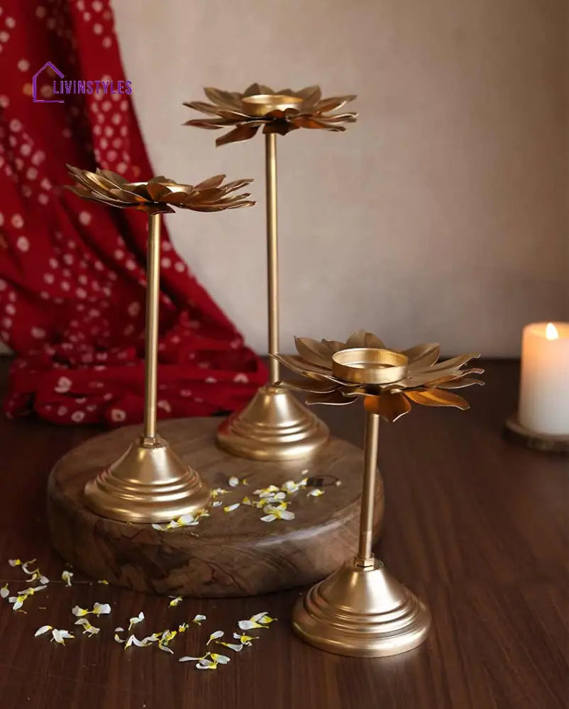 Flowering Gold Tall Stand Tealight Holders | Set Of 3 Tea Light