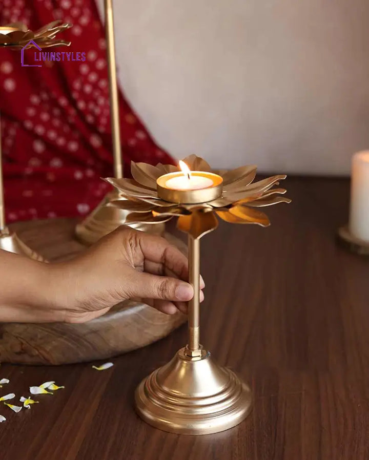 Flowering Gold Tall Stand Tealight Holders | Set Of 3 Tea Light