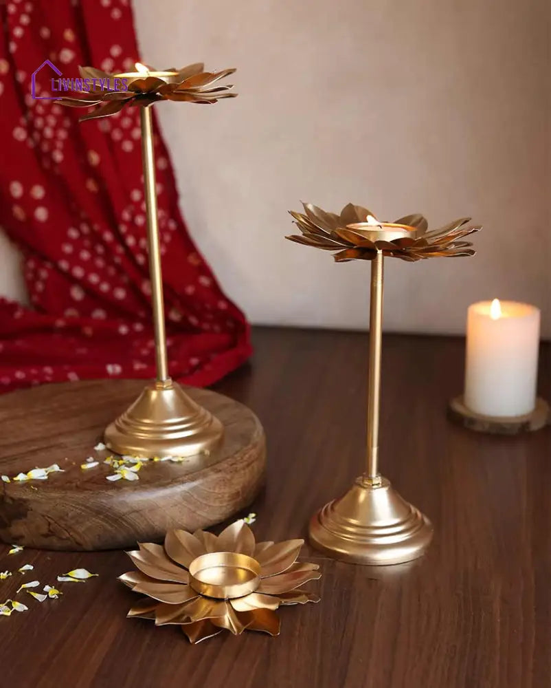 Flowering Gold Tall Stand Tealight Holders | Set Of 3 Tea Light