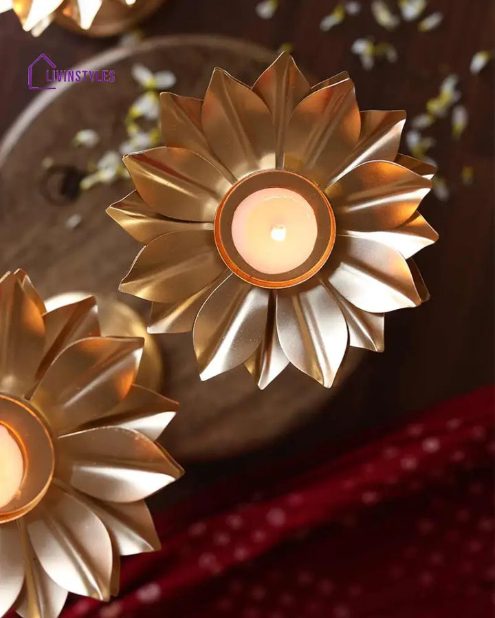 Flowering Gold Tall Stand Tealight Holders | Set Of 3 Tea Light