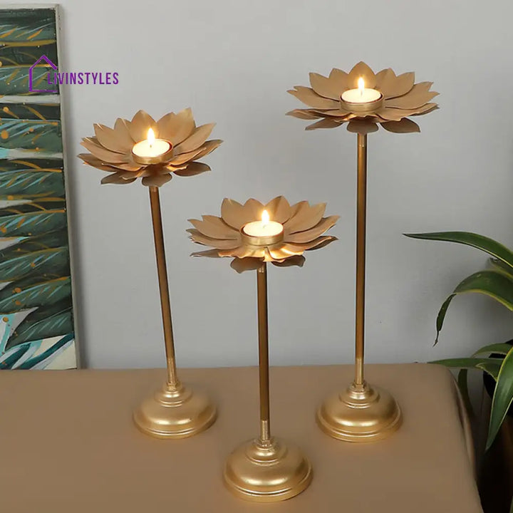 Flowering Gold Tall Stand Tealight Holders | Set Of 3 Tea Light