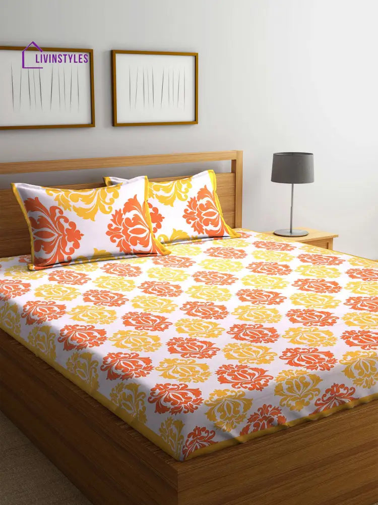 Flroal Print White Yellow Double Size Bedsheet With 2 Pillow Covers