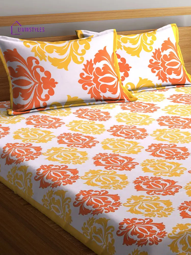 Flroal Print White Yellow Double Size Bedsheet With 2 Pillow Covers