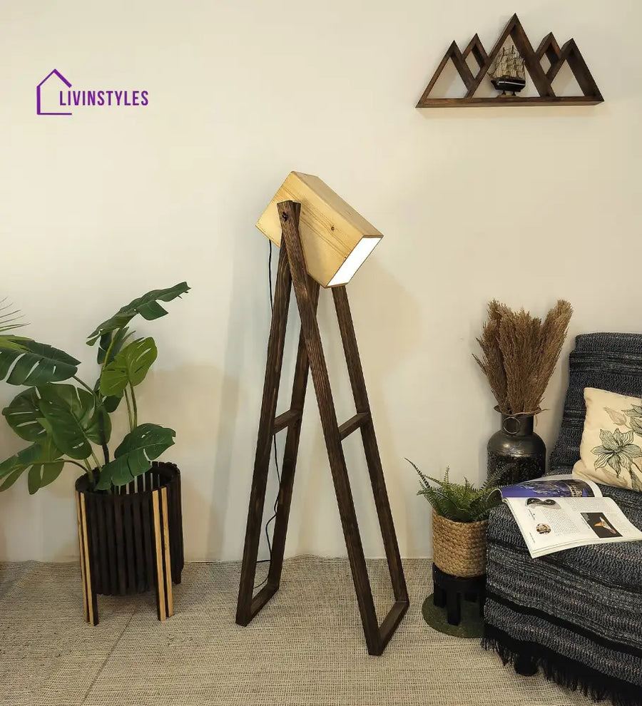 Focal Wooden Floor Lamp With Brown Base And Beige Lampshade Lamps