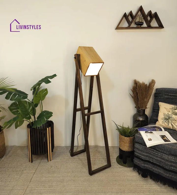 Focal Wooden Floor Lamp With Brown Base And Beige Lampshade Lamps