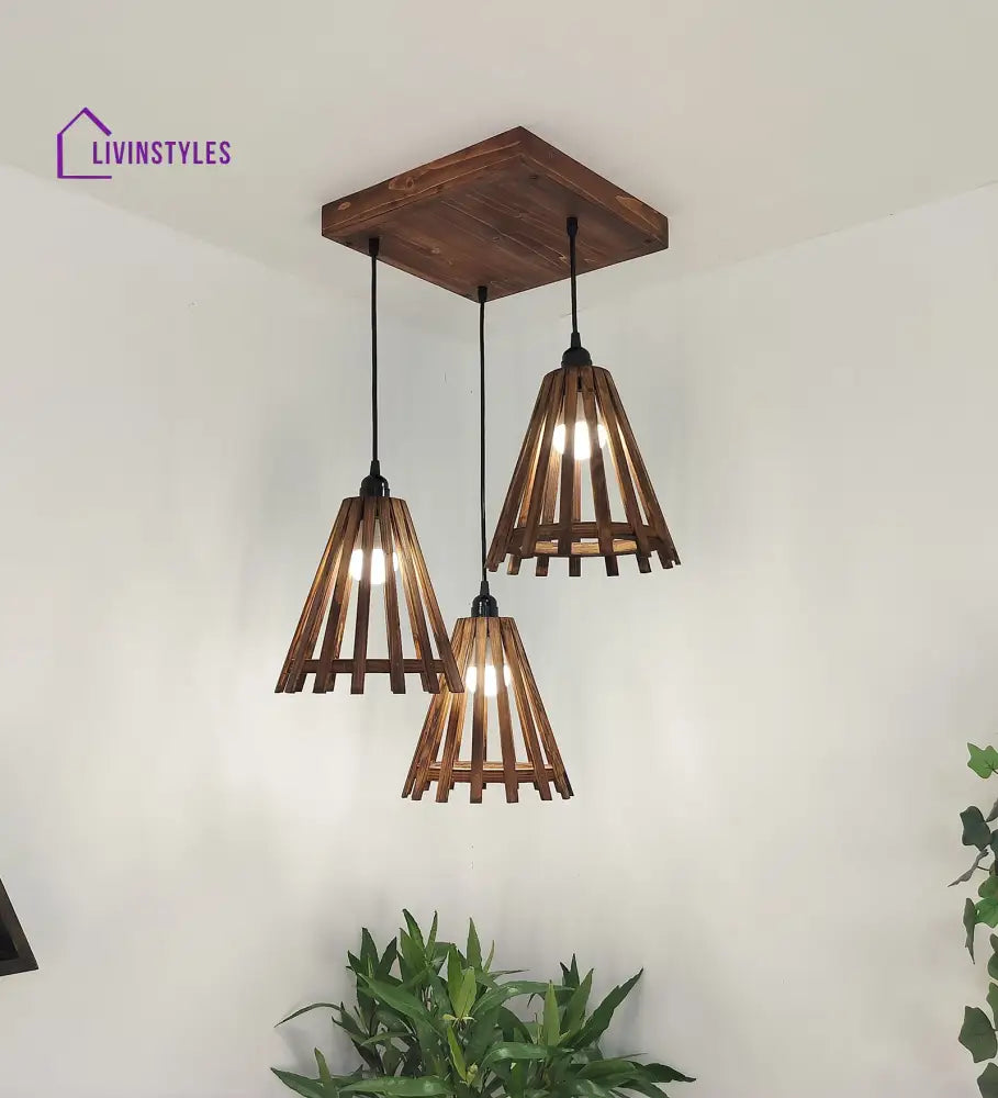 Funnel Brown Wooden Cluster Hanging Lamp Lamps