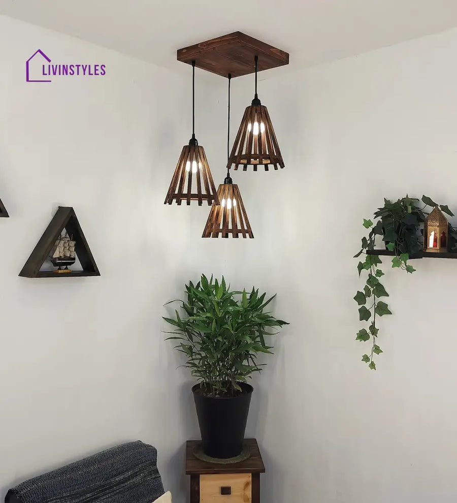 Funnel Brown Wooden Cluster Hanging Lamp Lamps