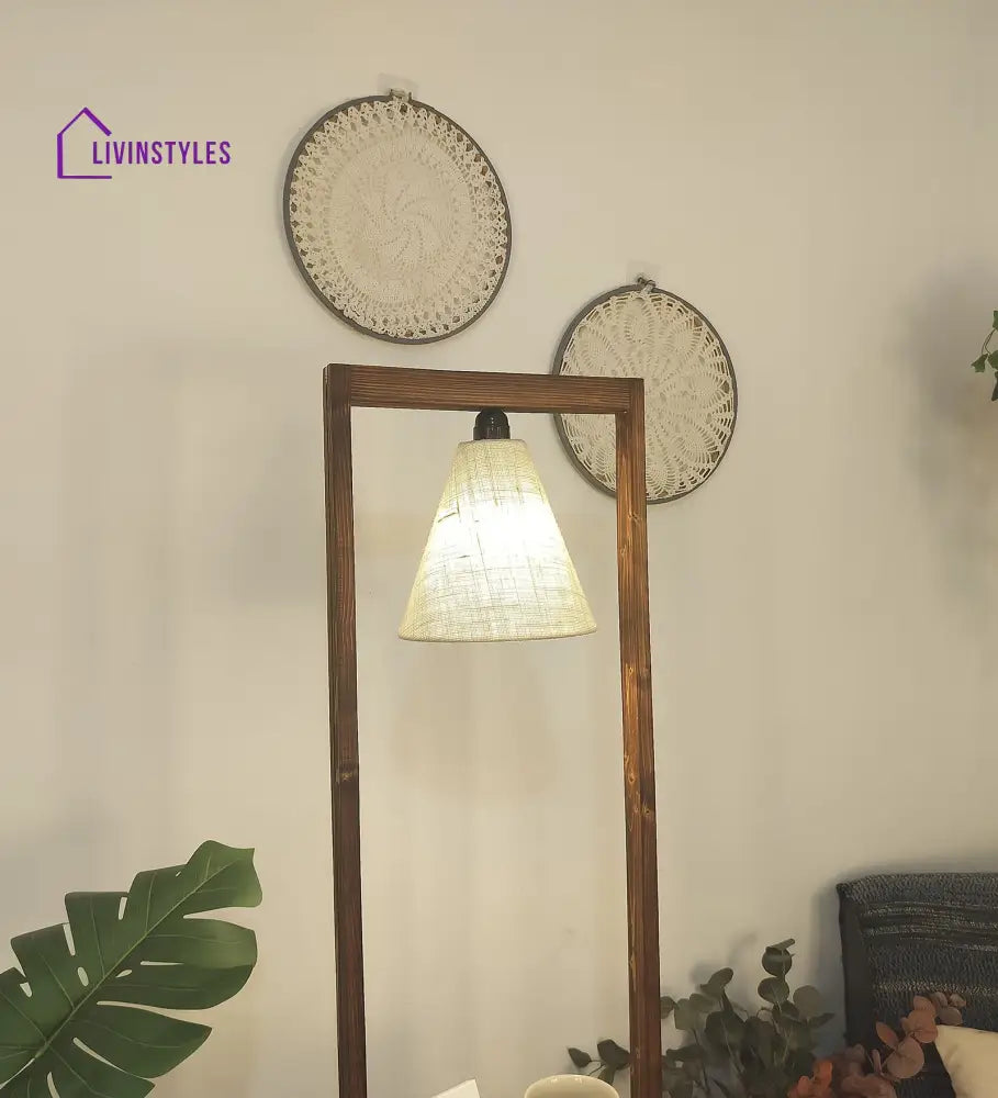 Gabrielle Wooden Floor Lamp With Brown Base And Jute Fabric Lampshade Lamps