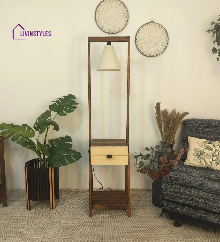 Gabrielle Wooden Floor Lamp With Brown Base And Jute Fabric Lampshade Lamps