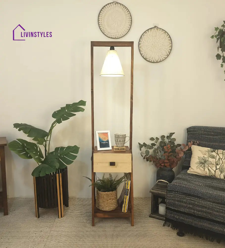 Gabrielle Wooden Floor Lamp With Brown Base And Jute Fabric Lampshade Lamps