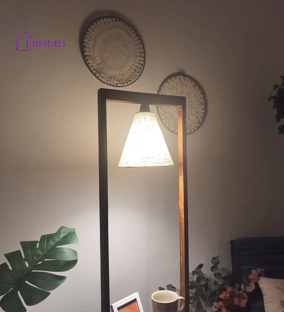 Gabrielle Wooden Floor Lamp With Brown Base And Jute Fabric Lampshade Lamps