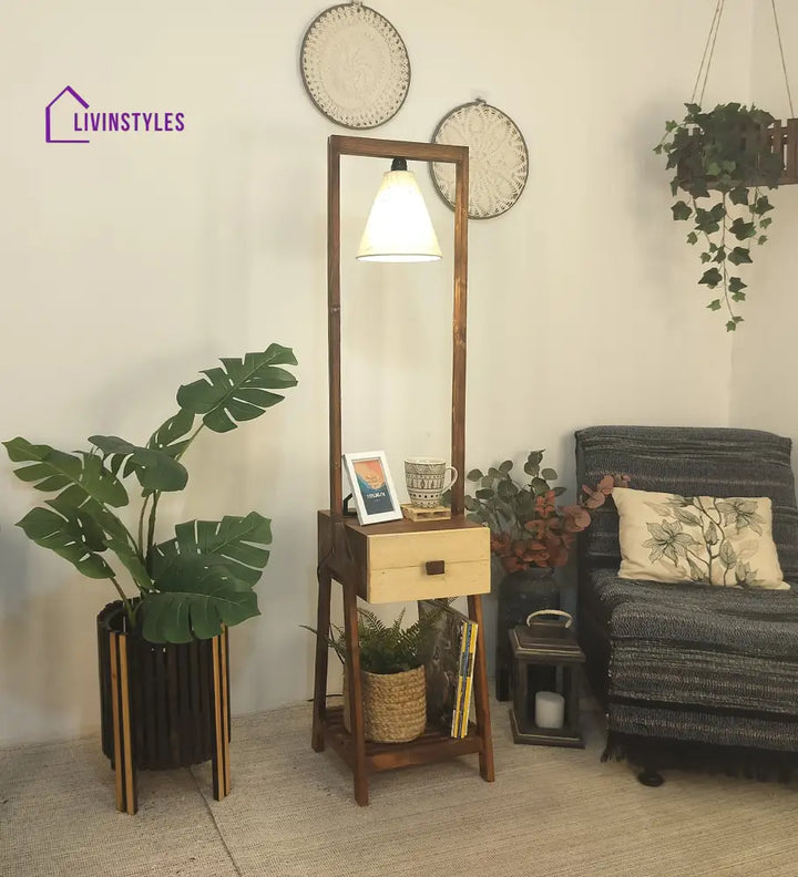 Gabrielle Wooden Floor Lamp With Brown Base And Jute Fabric Lampshade Lamps