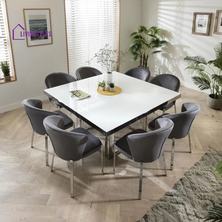 Gauri White Glass Top Dining Table & Luxury Grey Velvet Chairs - 8 Seater Set Room / Sets