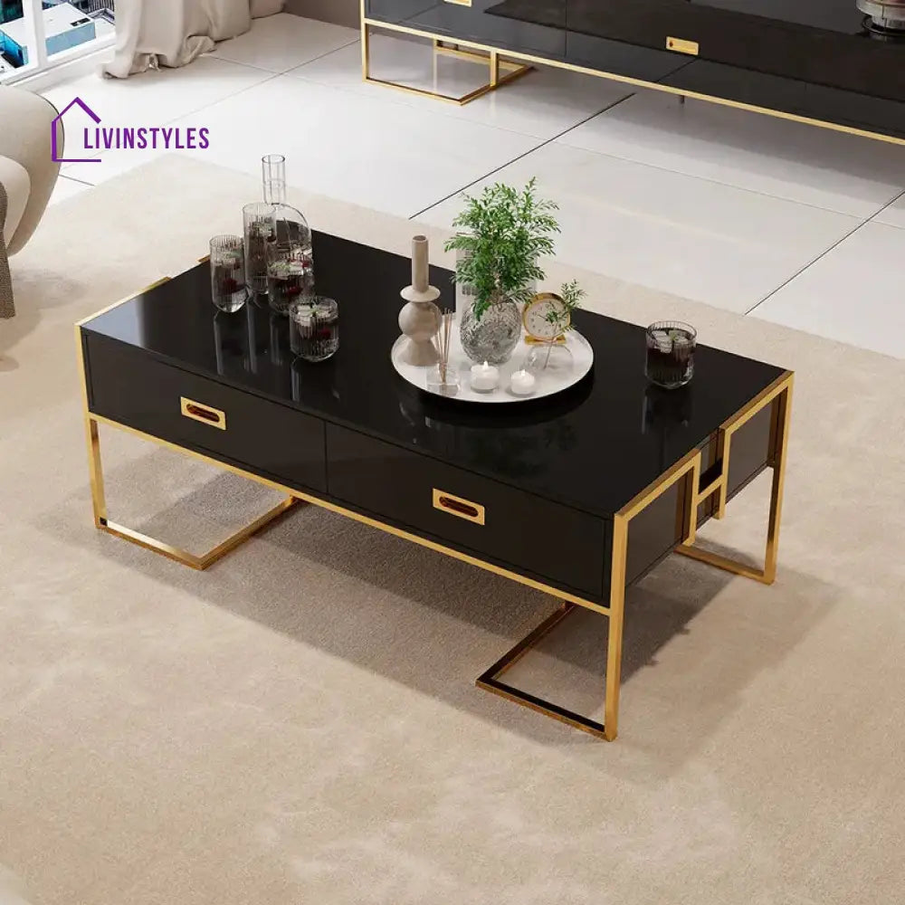 Gauricontemporary Black Rectangular Coffee Table With Drawers Lacquer Gold Base